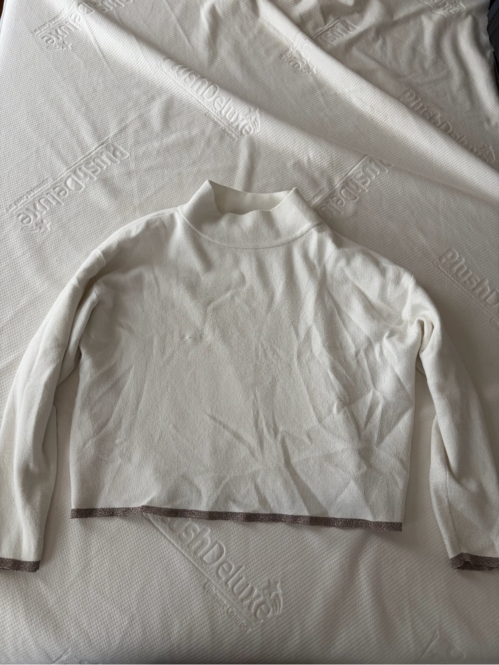 Anthropologie White Mock Neck Sweater with Silver Trim